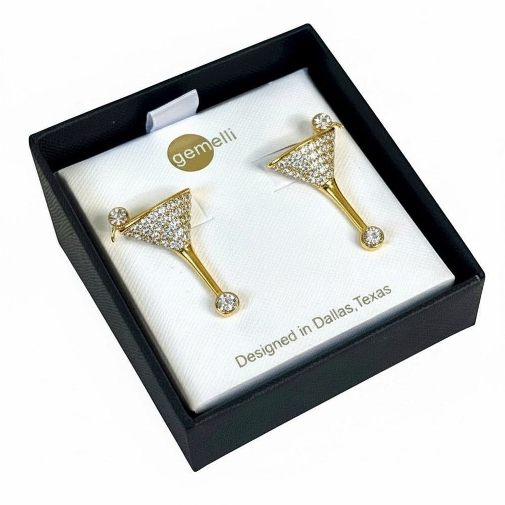 GEMELLI Two Tone Martini Earrings With Sparkling Pave’ Crystals - Picture 2 of 7